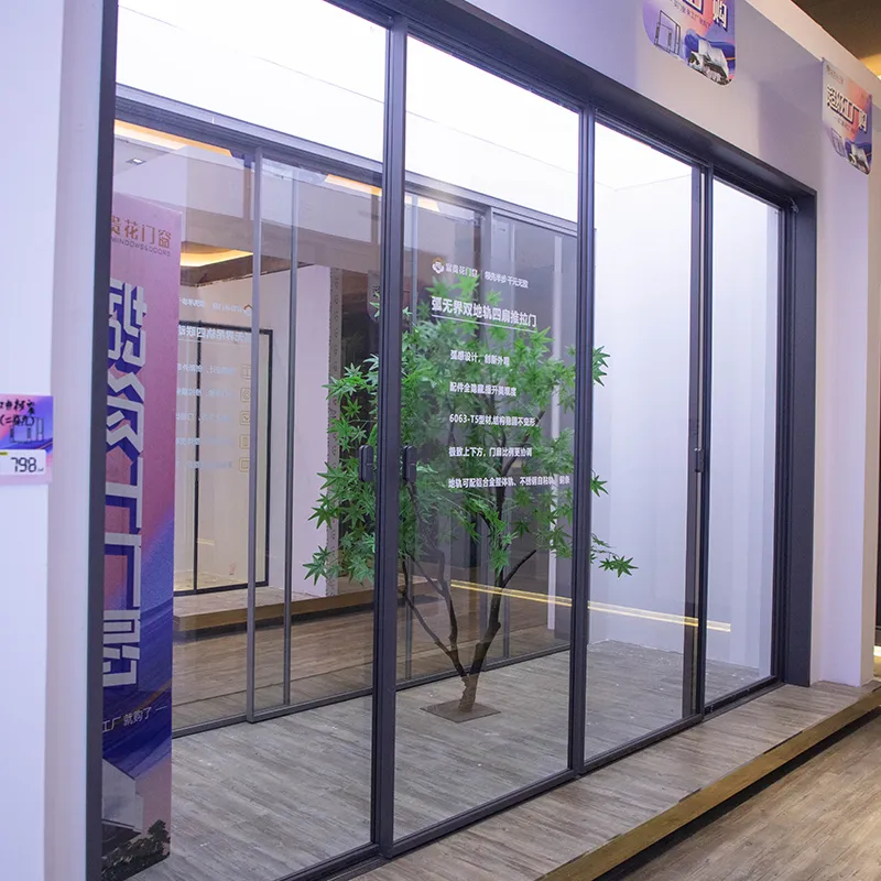 Arc-shaped, borderless, double-track, four-panel sliding door