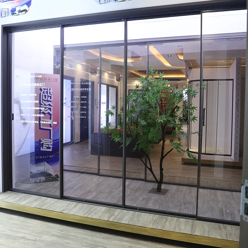 Arc-shaped, borderless, double-track, four-panel sliding door
