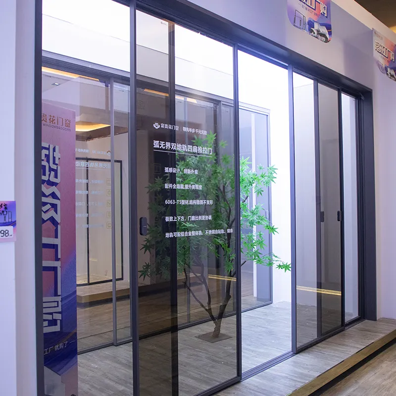 Arc-shaped, borderless, double-track, four-panel sliding door view 2