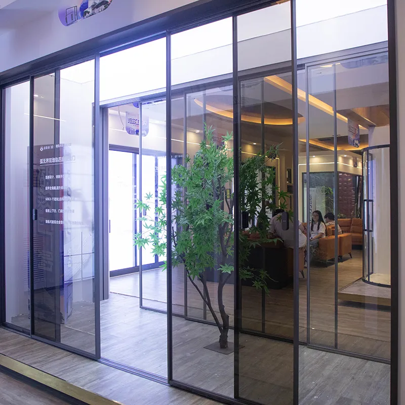 Arc-shaped, borderless, double-track, four-panel sliding door view 3