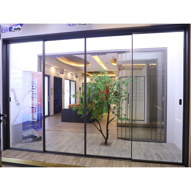 Arc-shaped, borderless, double-track, four-panel sliding door view 5