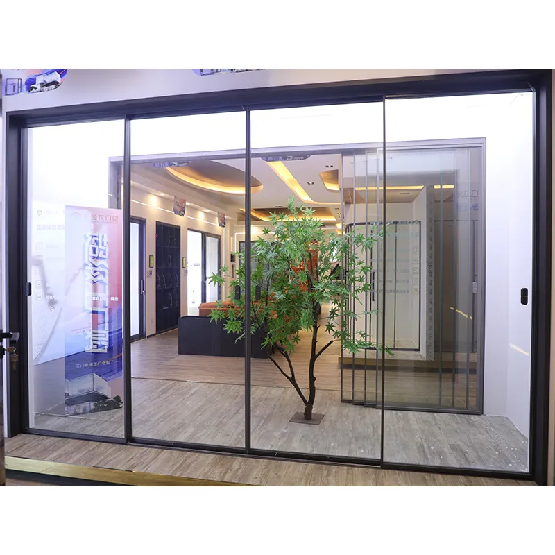 Arc-shaped, borderless, double-track, four-panel sliding door view 6
