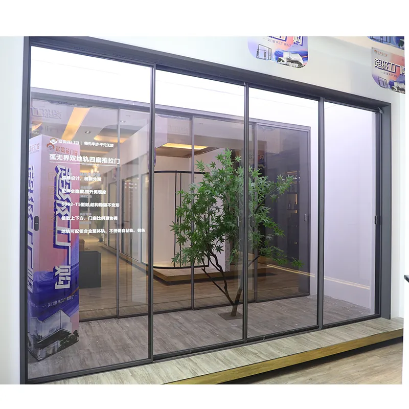 Arc-shaped, borderless, double-track, four-panel sliding door view 6