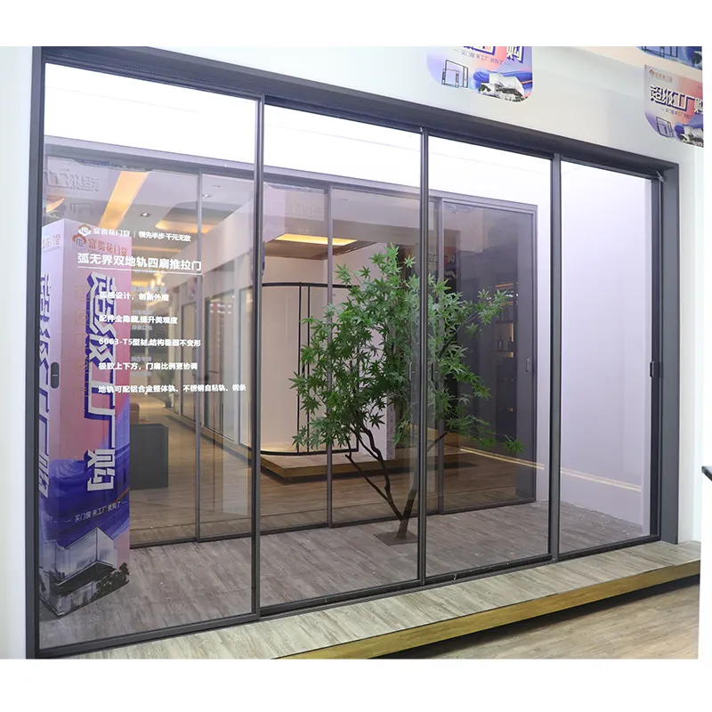 Arc-shaped, borderless, double-track, four-panel sliding door view 7