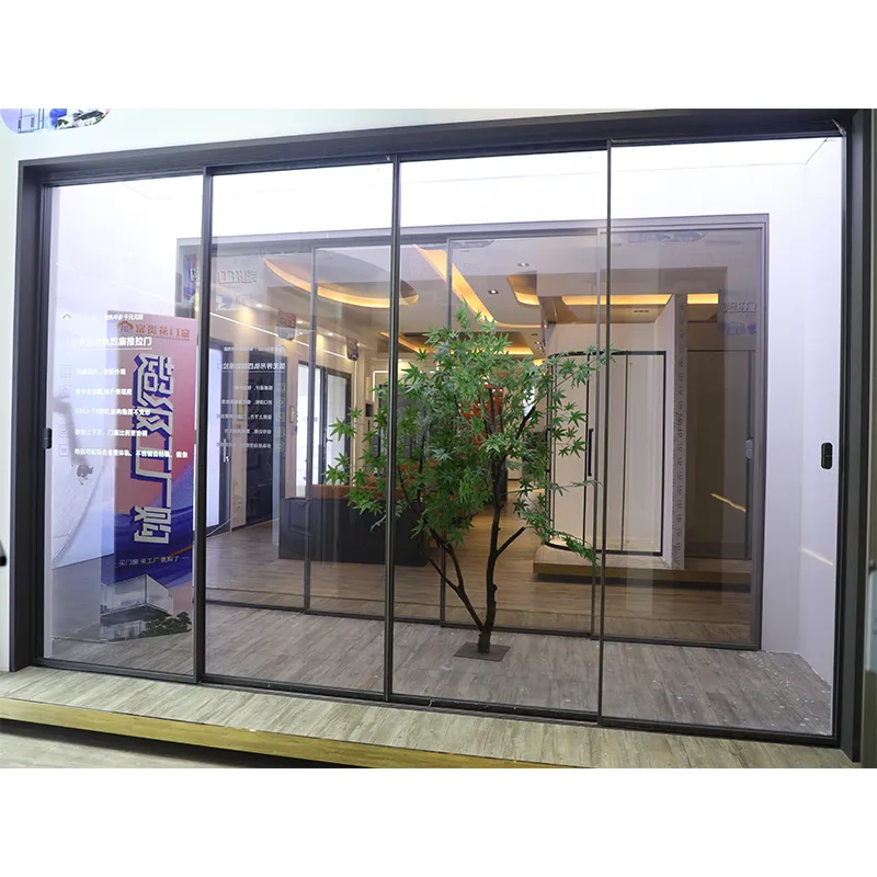 Arc-shaped, borderless, double-track, four-panel sliding door view 7