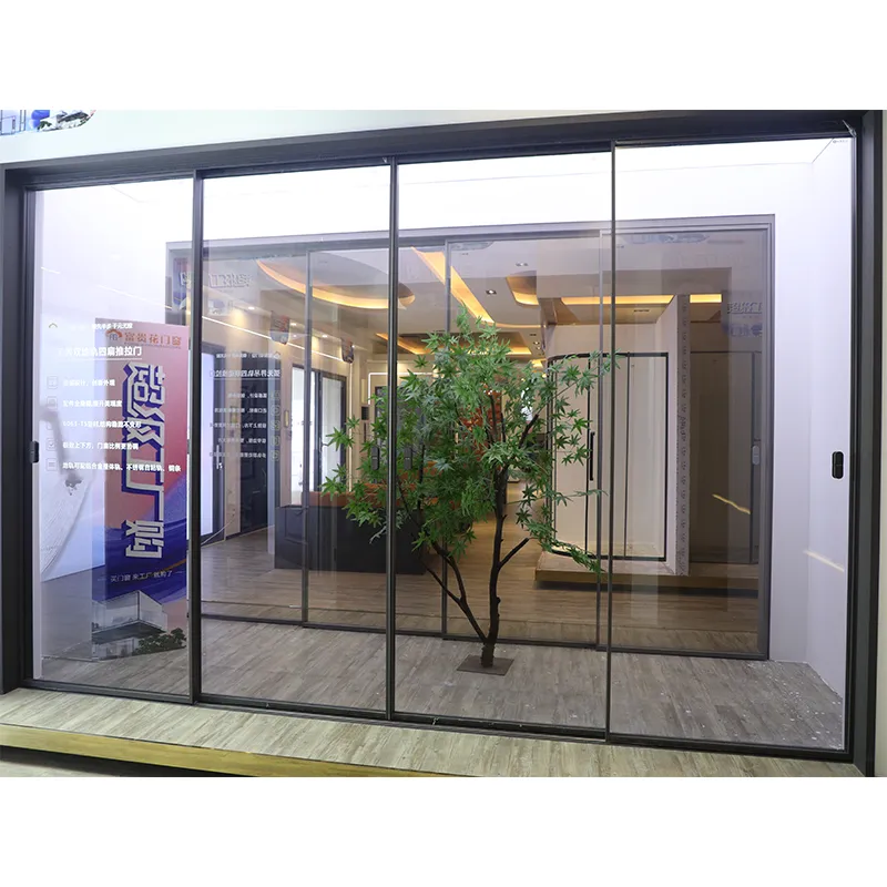 Arc-shaped, borderless, double-track, four-panel sliding door view 9