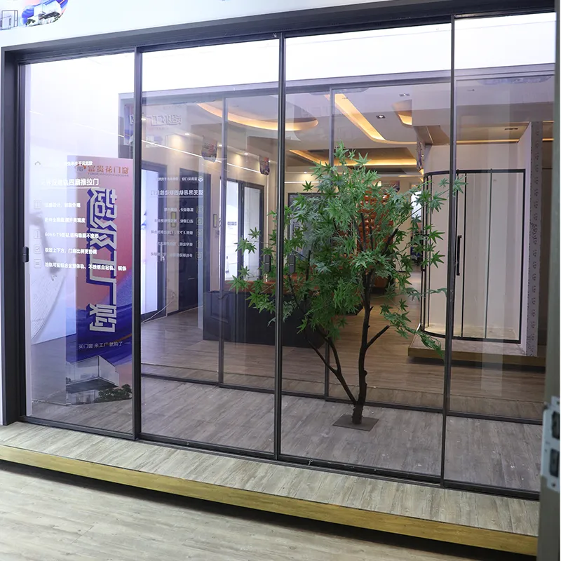 Arc-shaped, borderless, double-track, four-panel sliding door view 9