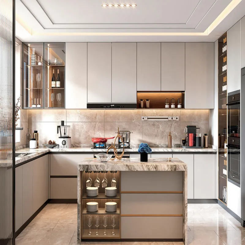 Beige Gray Peninsula Kitchen Modern Stainless Steel Cabinets FW-MK-034