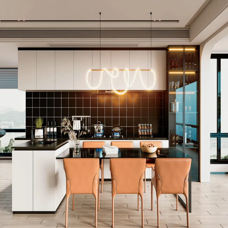 Black and Wood Island Kitchen Modern Stainless Steel Cabinets FW-MK-024