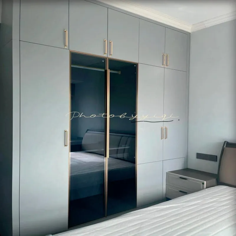 Blue Gray and Black Wardrobe with Black Glass Doors Custom Stainless Steel Wardrobe FW-WD-014