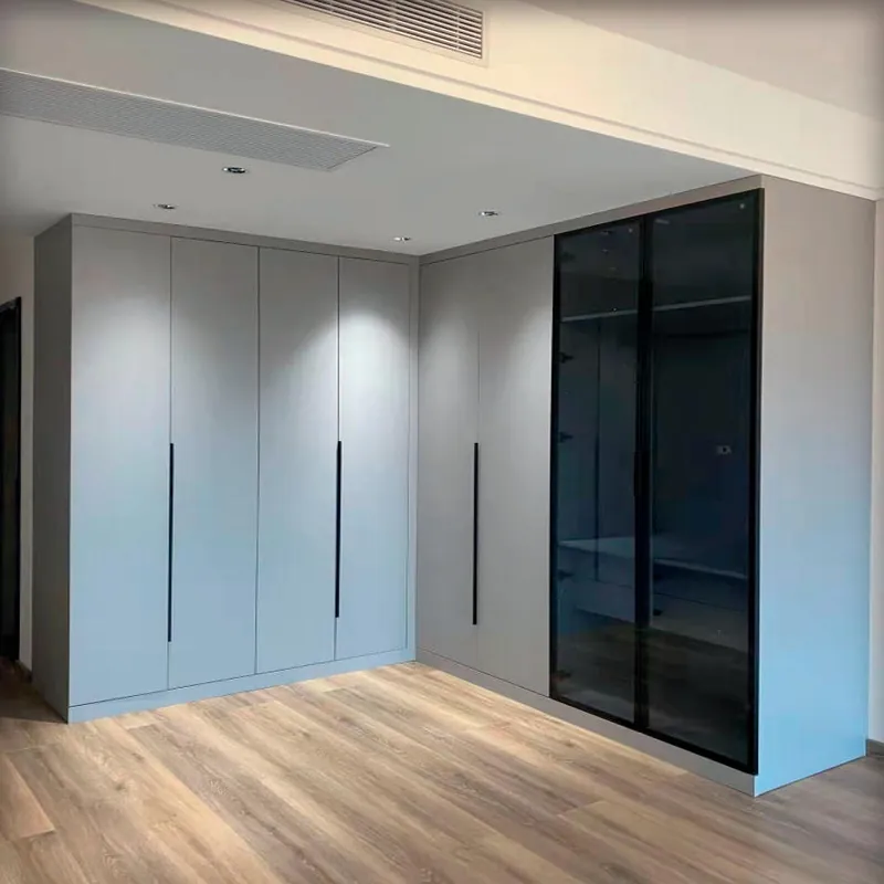 Blue Gray and Charcoal Corner Glass Accent Wardrobe Custom Stainless Steel Wardrobe FW-WD-007