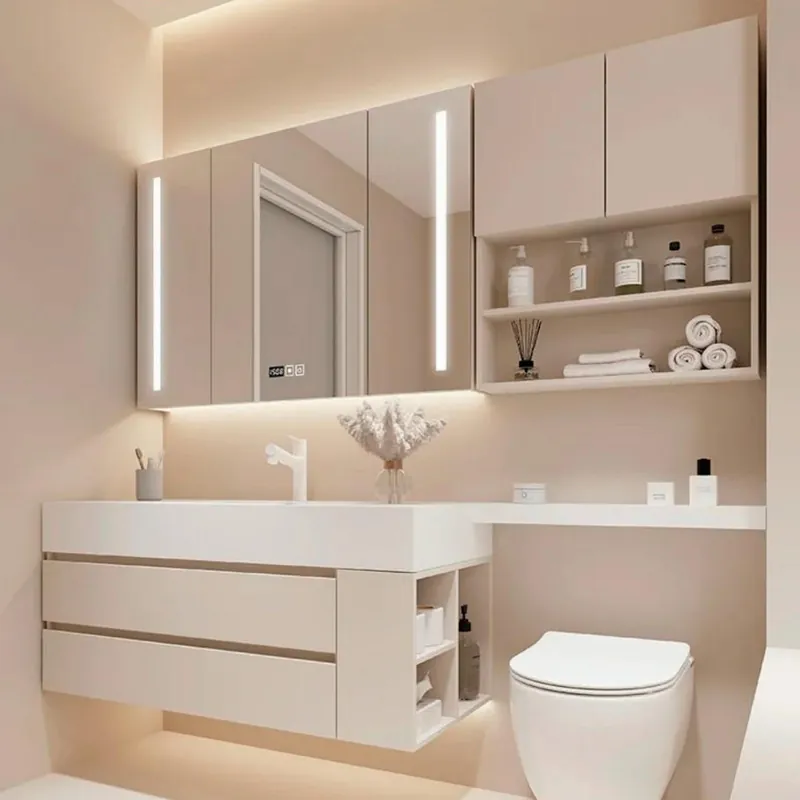 Blush and Cream Wide Vanity with Lit Mirror Custom Stainless Steel Bathroom Vanity FW-BV-058