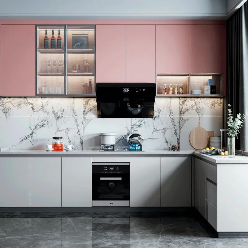 Blush Pink L-Shaped Kitchen Modern Stainless Steel Cabinets FW-MK-010