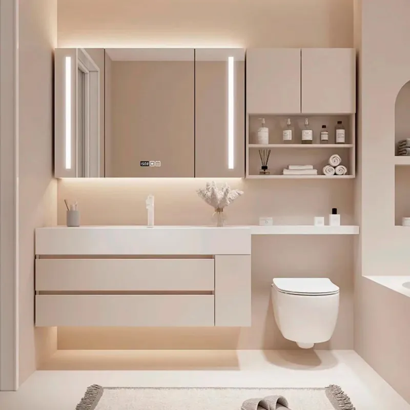 Blush Pink Wall Vanity with Mirrored Cabinet Custom Stainless Steel Bathroom Vanity FW-BV-057