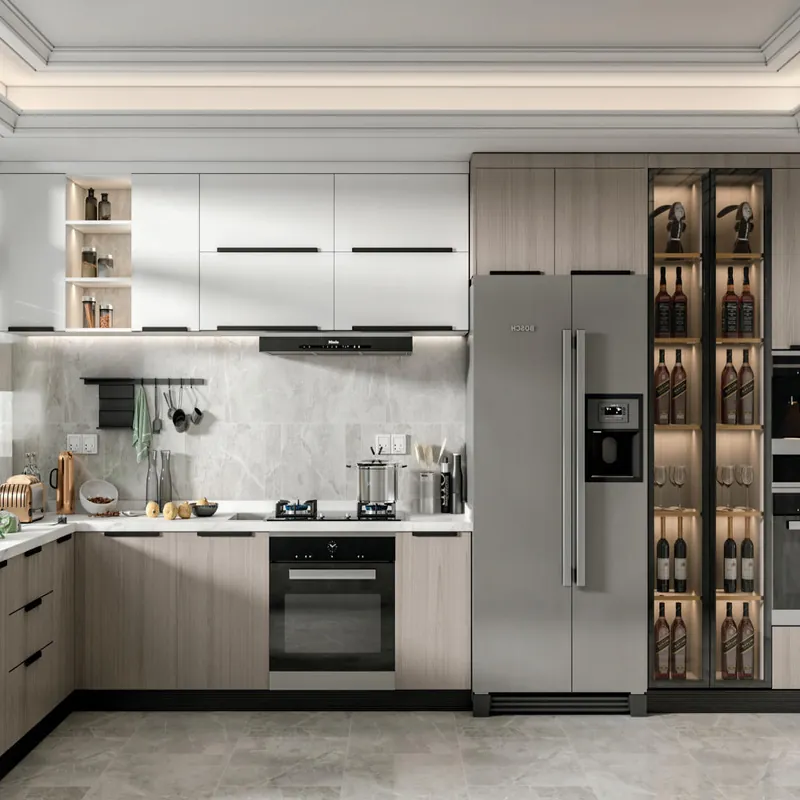 Bright White L-Shaped Kitchen Modern Stainless Steel Cabinets FW-MK-017