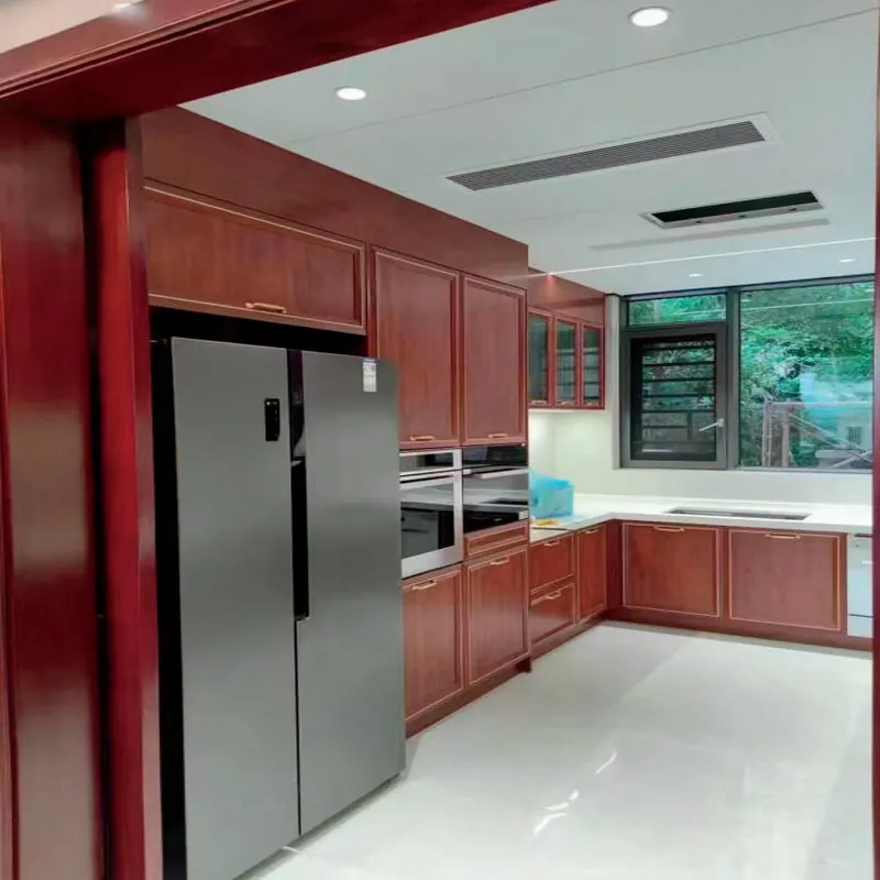 Burgundy Red L-Shaped Kitchen European Stainless Steel Cabinets FW-EK-005