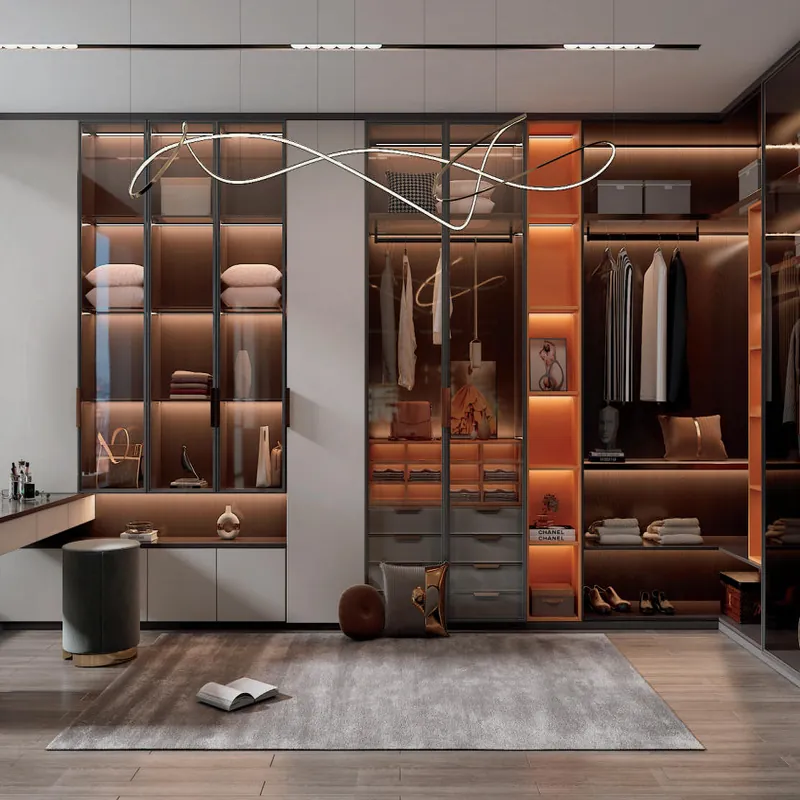 Charcoal and Amber Walk-In Wardrobe with Island Custom Stainless Steel Wardrobe FW-WD-033