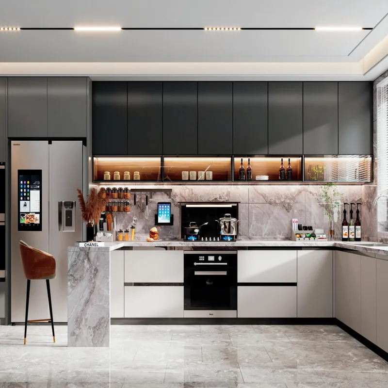 Charcoal and Marble Island Kitchen Modern Stainless Steel Cabinets FW-MK-020