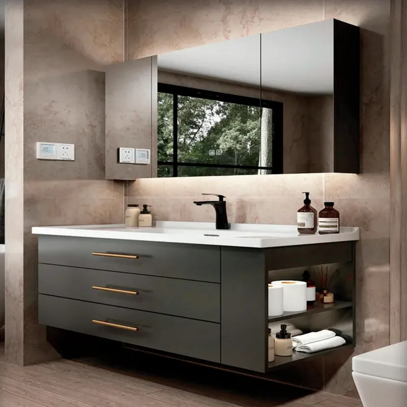Charcoal Gray Floating Vanity with Open End Shelf Custom Stainless Steel Bathroom Vanity FW-BV-052