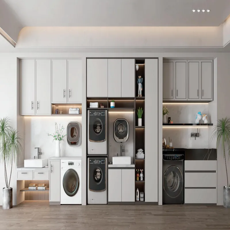 Classic White Full-Wall Laundry Cabinet Custom Stainless Steel Balcony Cabinets FW-BC-034