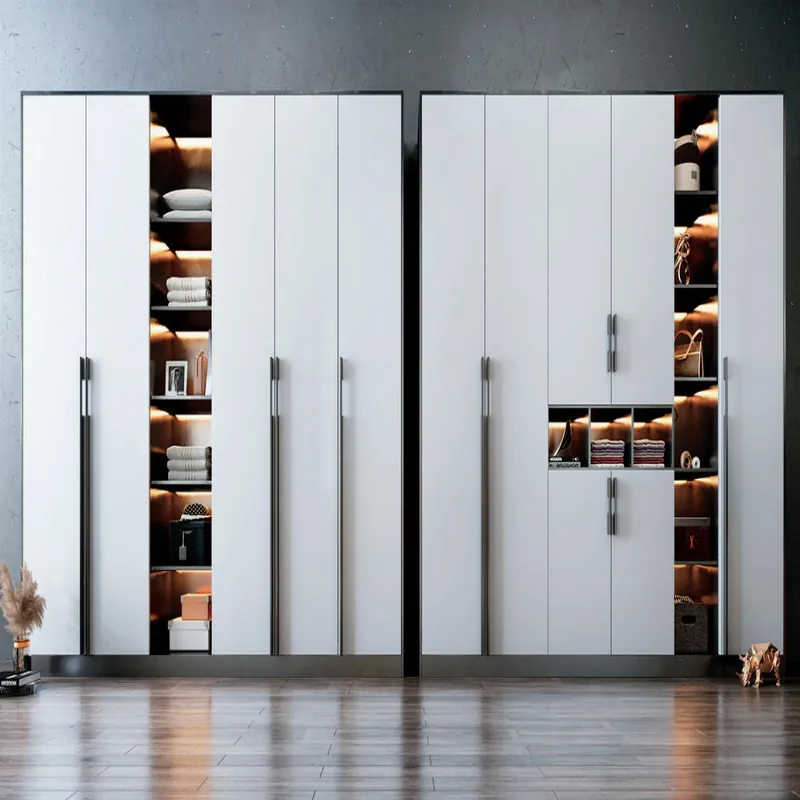 Clean White and Warm Wood Wardrobe with Lit Side Niches Custom Stainless Steel Wardrobe FW-WD-029