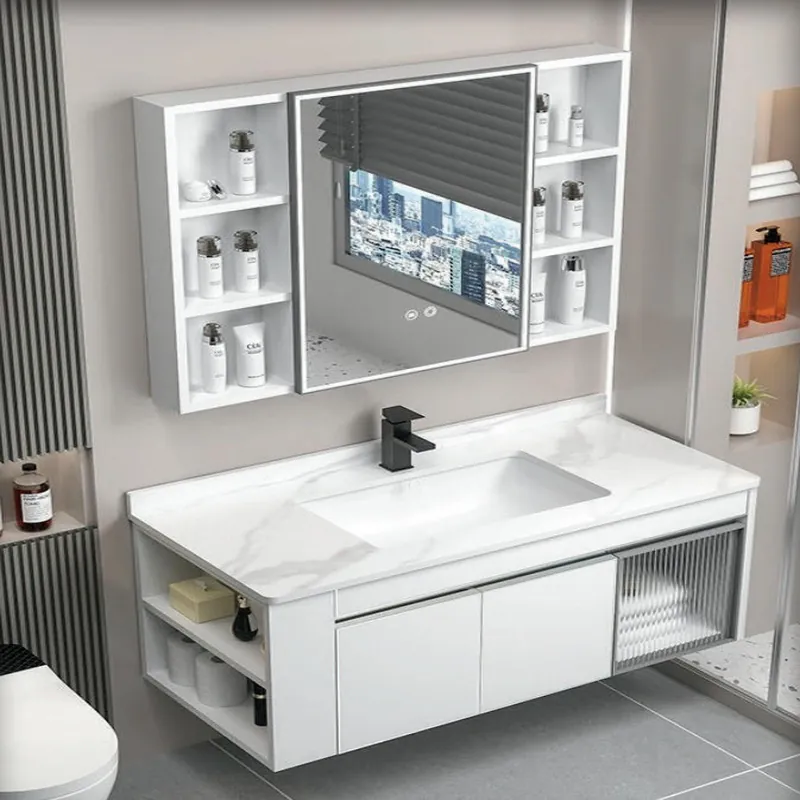 Clean White Asymmetric Vanity with Large Lit Mirror Custom Stainless Steel Bathroom Vanity FW-BV-031