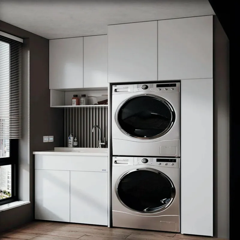 Clean White Dual Laundry Tower Custom Stainless Steel Balcony Cabinets FW-BC-012
