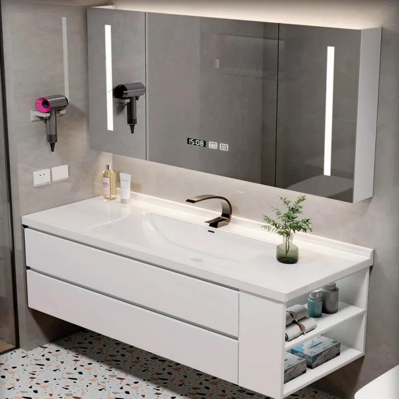 Clean White Floating Vanity with End Cubbies Custom Stainless Steel Bathroom Vanity FW-BV-025