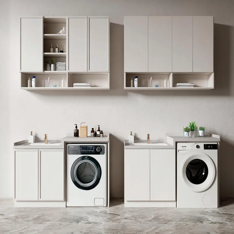 Clean White Modular Sink and Washer Set Custom Stainless Steel Balcony Cabinets FW-BC-030