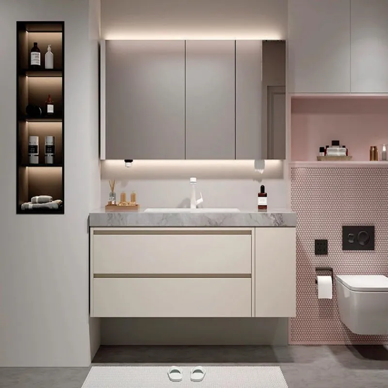 Clean White Narrow Floating Vanity with Backlit Mirror Custom Stainless Steel Bathroom Vanity FW-BV-050