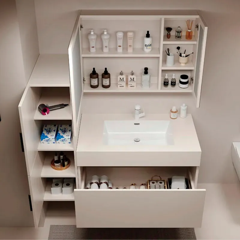 Clean White Storage-Rich Vanity with Mirror Cubbies Custom Stainless Steel Bathroom Vanity FW-BV-056