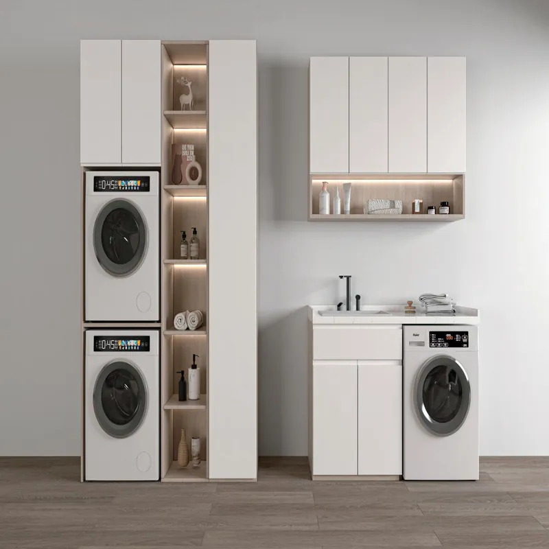 Clean White Tall Laundry Tower Custom Stainless Steel Balcony Cabinets FW-BC-029