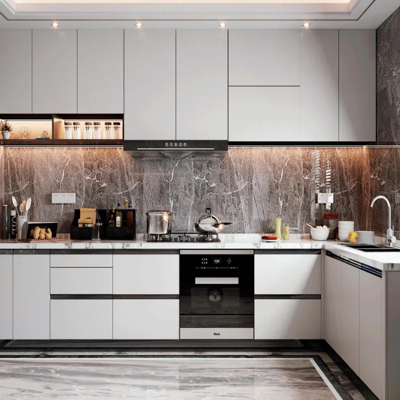 Clean White U-Shaped Kitchen Modern Stainless Steel Cabinets FW-MK-004