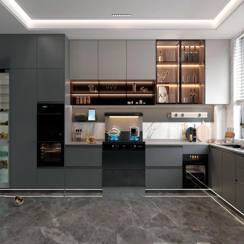 Dark Gray U-Shaped Kitchen Modern Stainless Steel Cabinets FW-MK-021