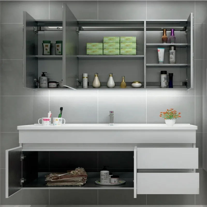 Dark Gray Vanity with Open Lower Shelving Custom Stainless Steel Bathroom Vanity FW-BV-024