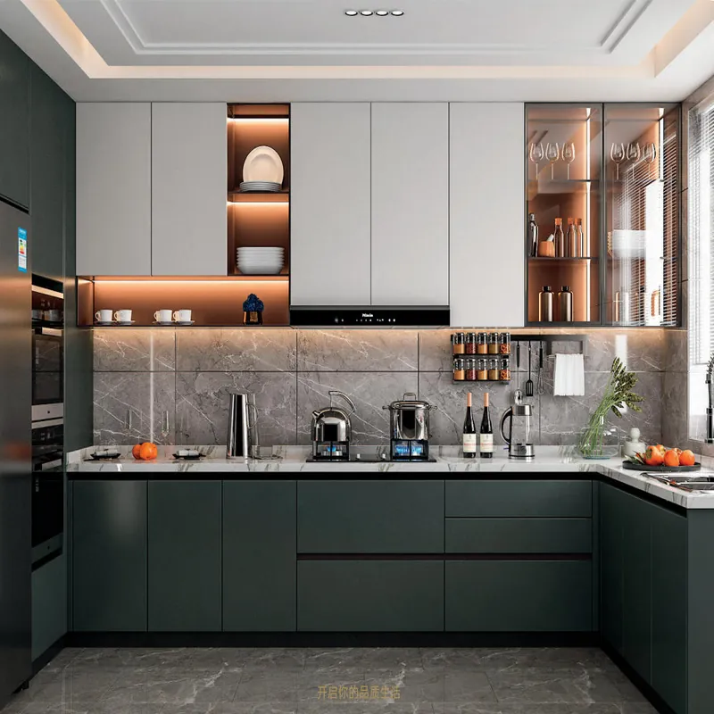 Deep Green L-Shaped Kitchen Modern Stainless Steel Cabinets FW-MK-007