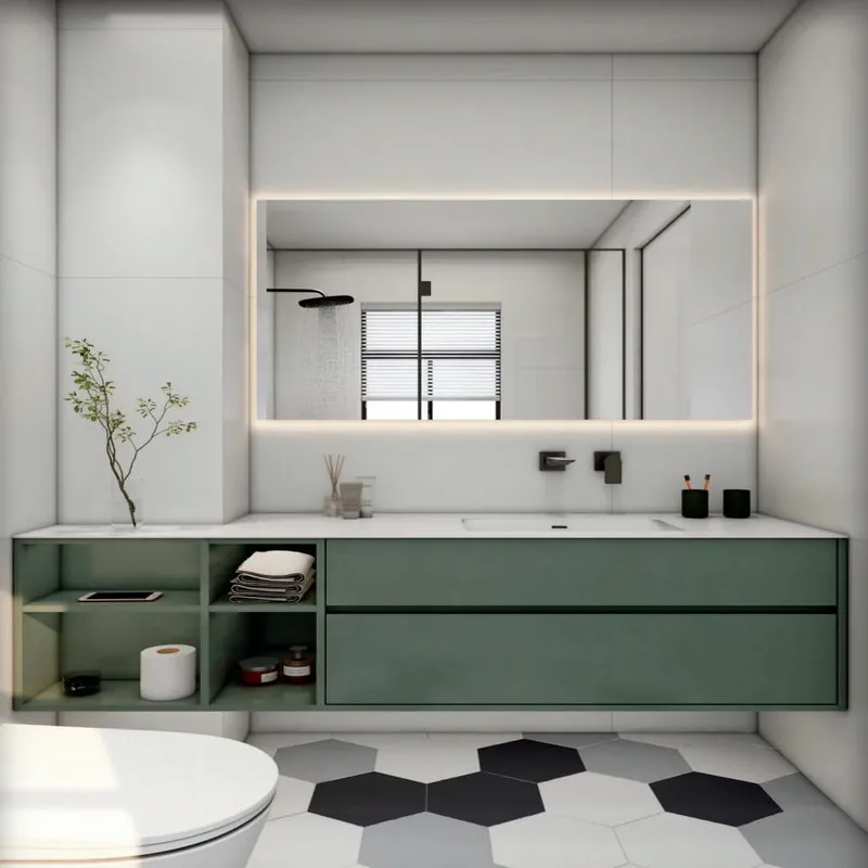 Deep Green Long Vanity with Open Center Shelf Custom Stainless Steel Bathroom Vanity FW-BV-045