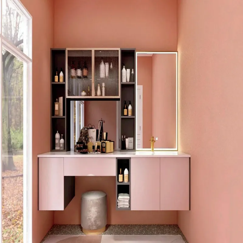 Dusty Rose Compact Vanity with Open Display Custom Stainless Steel Bathroom Vanity FW-BV-061