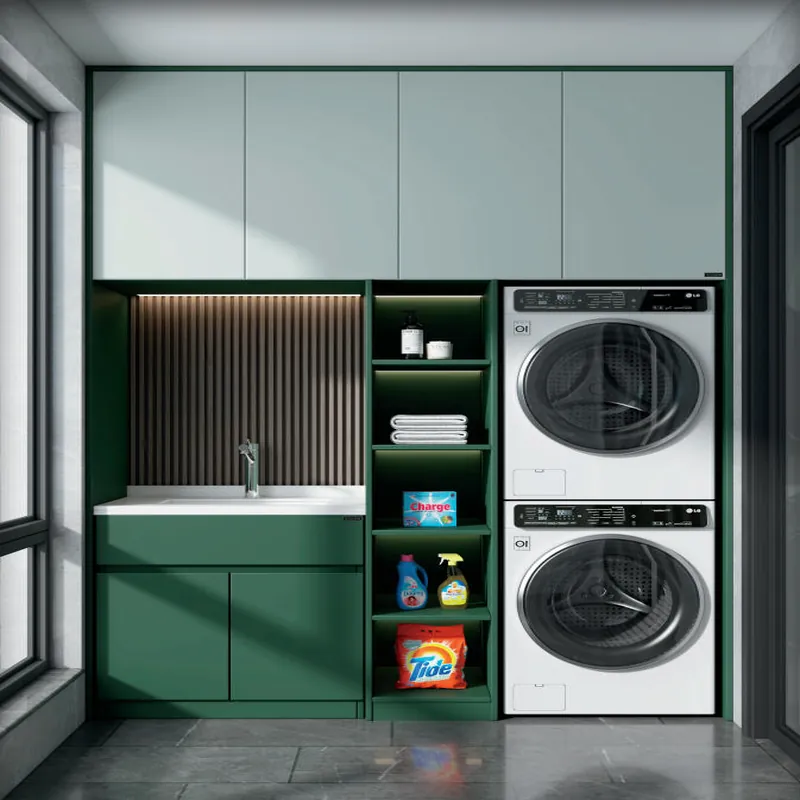 Emerald Green Stacked Laundry Cabinet Custom Stainless Steel Balcony Cabinets FW-BC-010