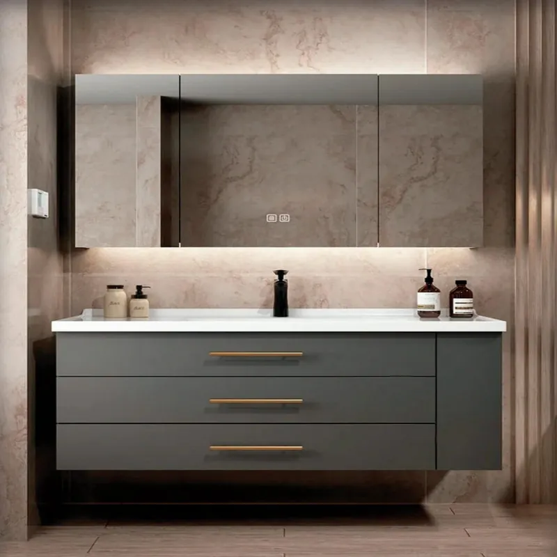Graphite and Gold Freestanding Three-Drawer Vanity Custom Stainless Steel Bathroom Vanity FW-BV-051