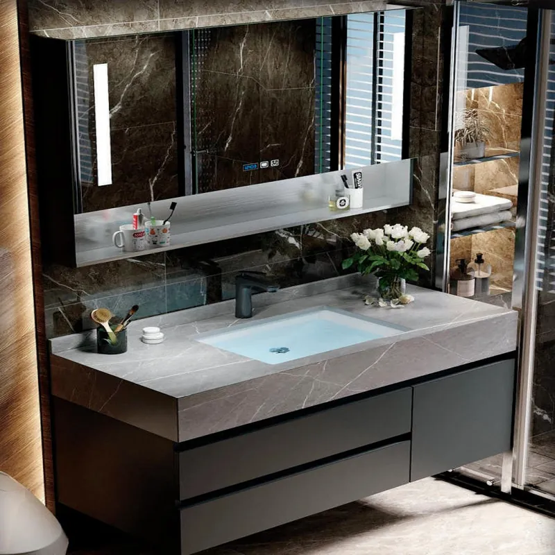 Graphite Gray Floating Vanity with Stone-Look Top Custom Stainless Steel Bathroom Vanity FW-BV-020