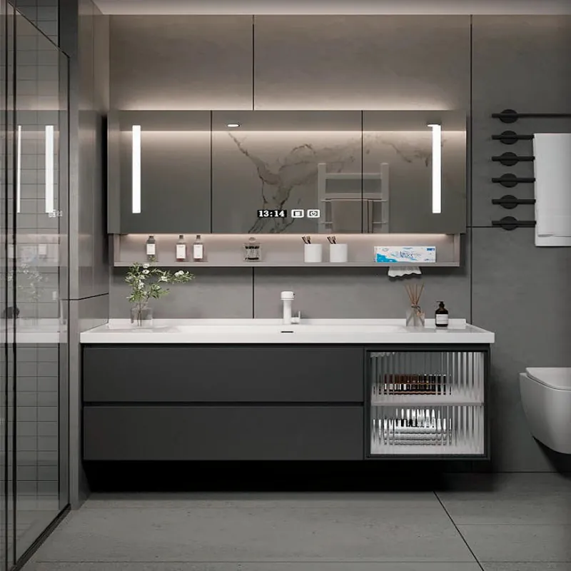 Graphite Gray Wide Vanity with Mesh Storage Custom Stainless Steel Bathroom Vanity FW-BV-037