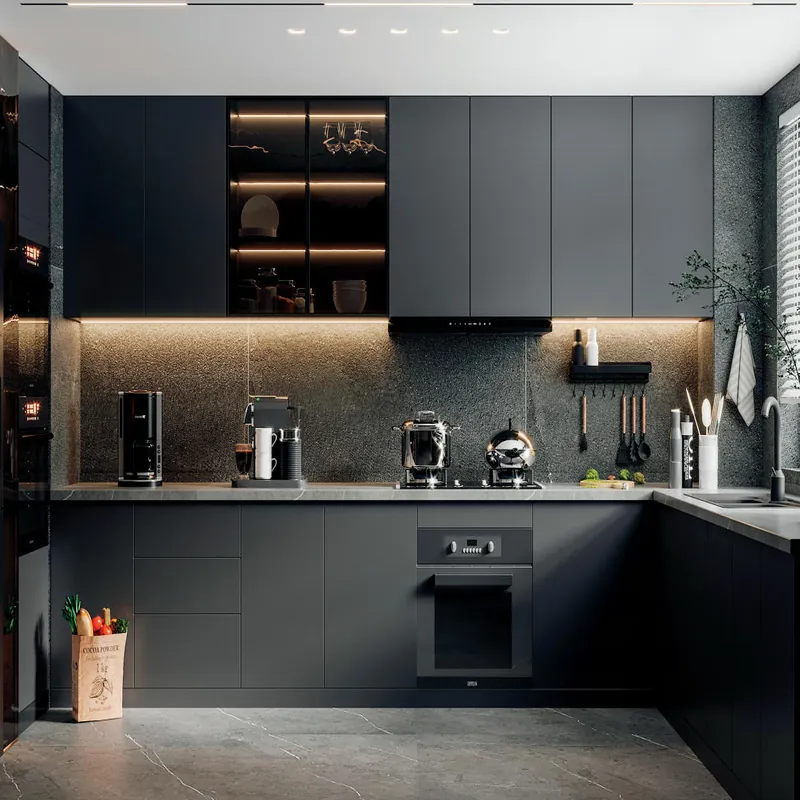 Graphite U-Shaped Kitchen Modern Stainless Steel Cabinets FW-MK-022