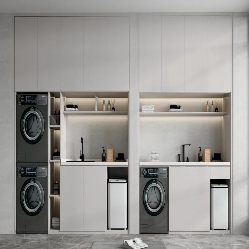 Gray and White Extended Laundry Wall Custom Stainless Steel Balcony Cabinets FW-BC-031