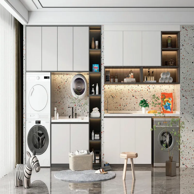 Gray and White Full-Wall Balcony Cabinet Custom Stainless Steel Balcony Cabinets FW-BC-035