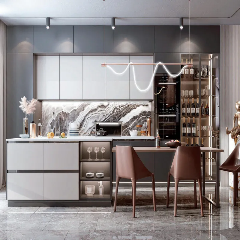 Gray and White Island Kitchen Modern Stainless Steel Cabinets FW-MK-032