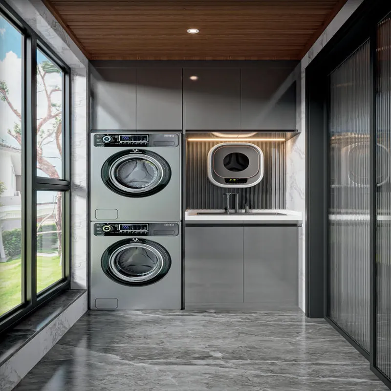 Gray and Wood Full-Height Laundry Wall Custom Stainless Steel Balcony Cabinets FW-BC-025