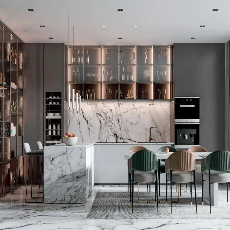 Gray Marble Island Kitchen Modern Stainless Steel Cabinets FW-MK-041
