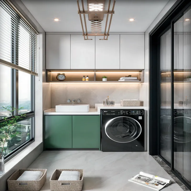 Green and White Sink and Washer Cabinet Custom Stainless Steel Balcony Cabinets FW-BC-003