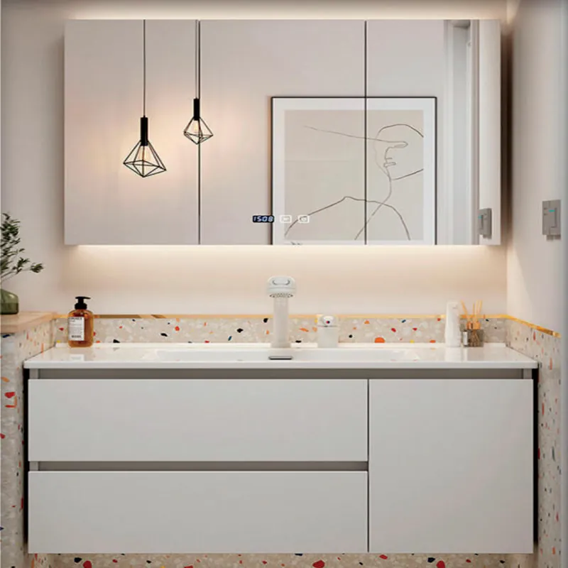 Ivory and Terrazzo Double-Drawer Floating Vanity Custom Stainless Steel Bathroom Vanity FW-BV-038
